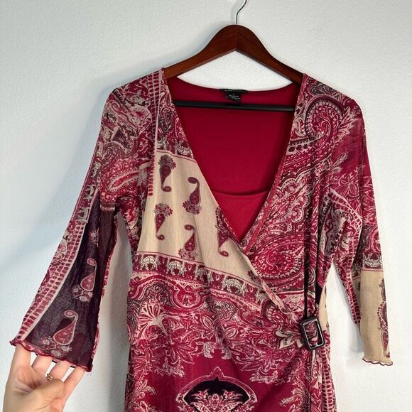 BCBGMAXAZRIA Boho Paisley Y2K Mesh Surplice Top Women Large Nylon Sheer Girlcore - Picture 3 of 8